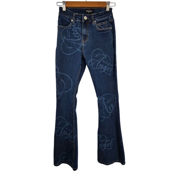 Dolls Kill NGOrder Low Rise Flare Jeans Angel Print Bootcut Size 6 Blue Denim - Picture 3 of 10